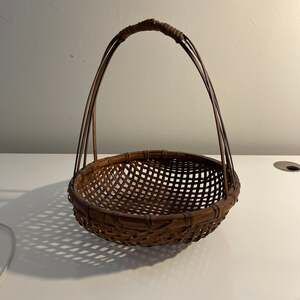 Vintage Japanese Woven Bamboo Ikebana Hanging Flower Basket Solid Asian Artist